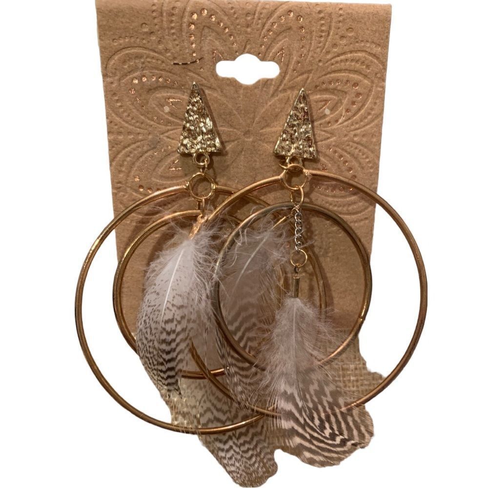 🌼🌼Gold tone hoops with feathers earrings.  NWOT🌼🌼